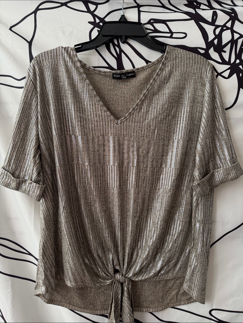 Kim & Cami Metallic Taupe Ribbed V-Neck Tie-Front Top